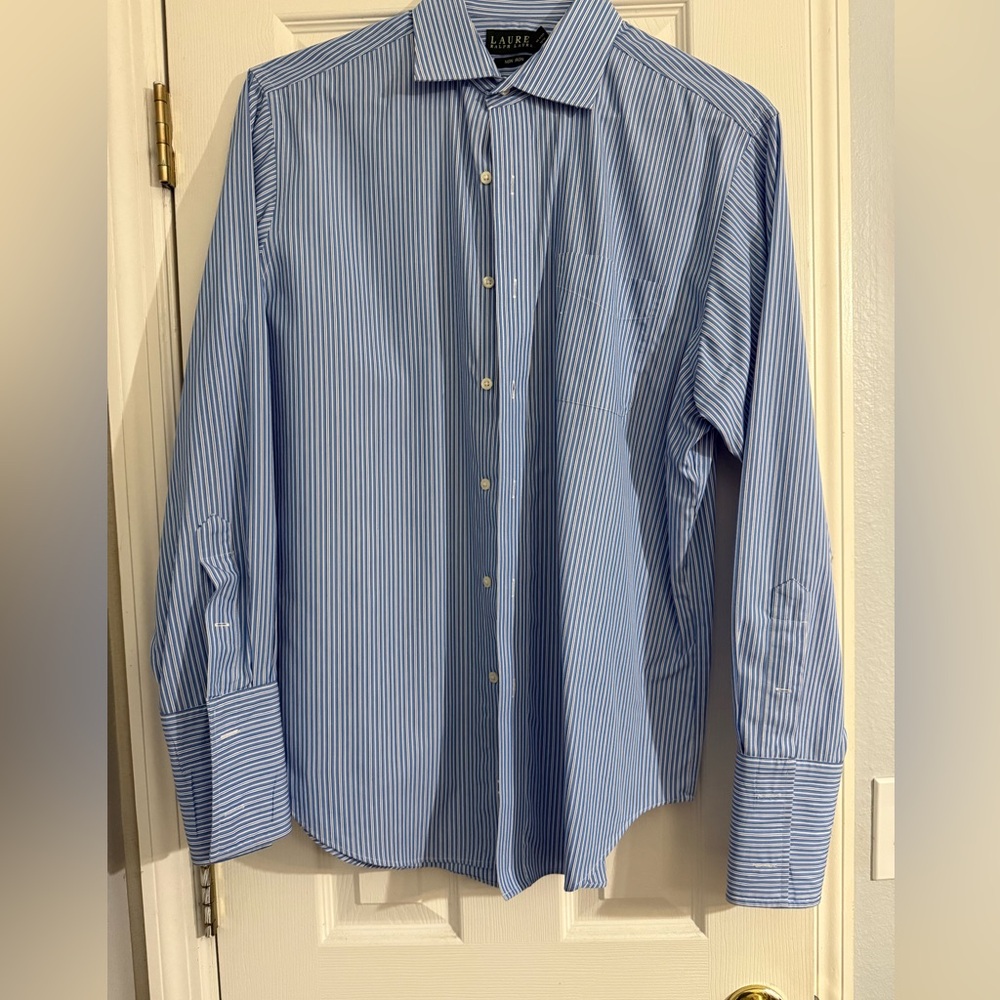 Lauren Ralph Lauren Dress Shirt Mens Blue White Stripe Non Iron Button Front
